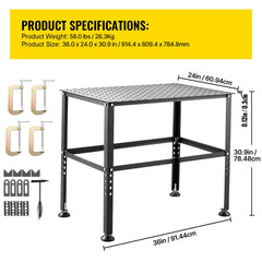 Welding Table 36" x 24", 800LBS Capacity Welding Workbench Table, Heavy-Duty Work Bench with 0.63" Fixture Holes and Non-slip Foot Pads for Welding Assembly Repair Works