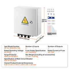 PV Combiner Box, 4 String, Solar Combiner Box with 15A Rated Current Fuse 63A Circuit Breaker Lightning Arrester and Solar Connector, Steel Case for On / Off Grid Solar Panel System, IP65