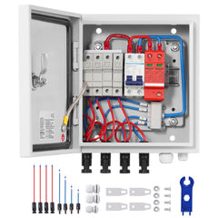 PV Combiner Box, 4 String, Solar Combiner Box with 15A Rated Current Fuse 63A Circuit Breaker Lightning Arrester and Solar Connector, Steel Case for On / Off Grid Solar Panel System, IP65