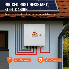 PV Combiner Box, 4 String, Solar Combiner Box with 15A Rated Current Fuse 63A Circuit Breaker Lightning Arrester and Solar Connector, Steel Case for On / Off Grid Solar Panel System, IP65