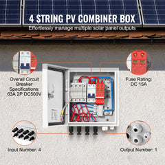 PV Combiner Box, 4 String, Solar Combiner Box with 15A Rated Current Fuse 63A Circuit Breaker Lightning Arrester and Solar Connector, Steel Case for On / Off Grid Solar Panel System, IP65