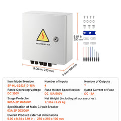 PV Combiner Box, 4 String, Solar Combiner Box with 15A Rated Current Fuse 63A Circuit Breaker Lightning Arrester and Solar Connector, Steel Case for On / Off Grid Solar Panel System, IP65