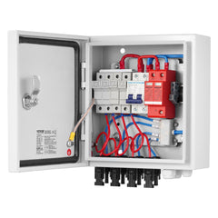 PV Combiner Box, 4 String, Solar Combiner Box with 15A Rated Current Fuse 63A Circuit Breaker Lightning Arrester and Solar Connector, Steel Case for On / Off Grid Solar Panel System, IP65