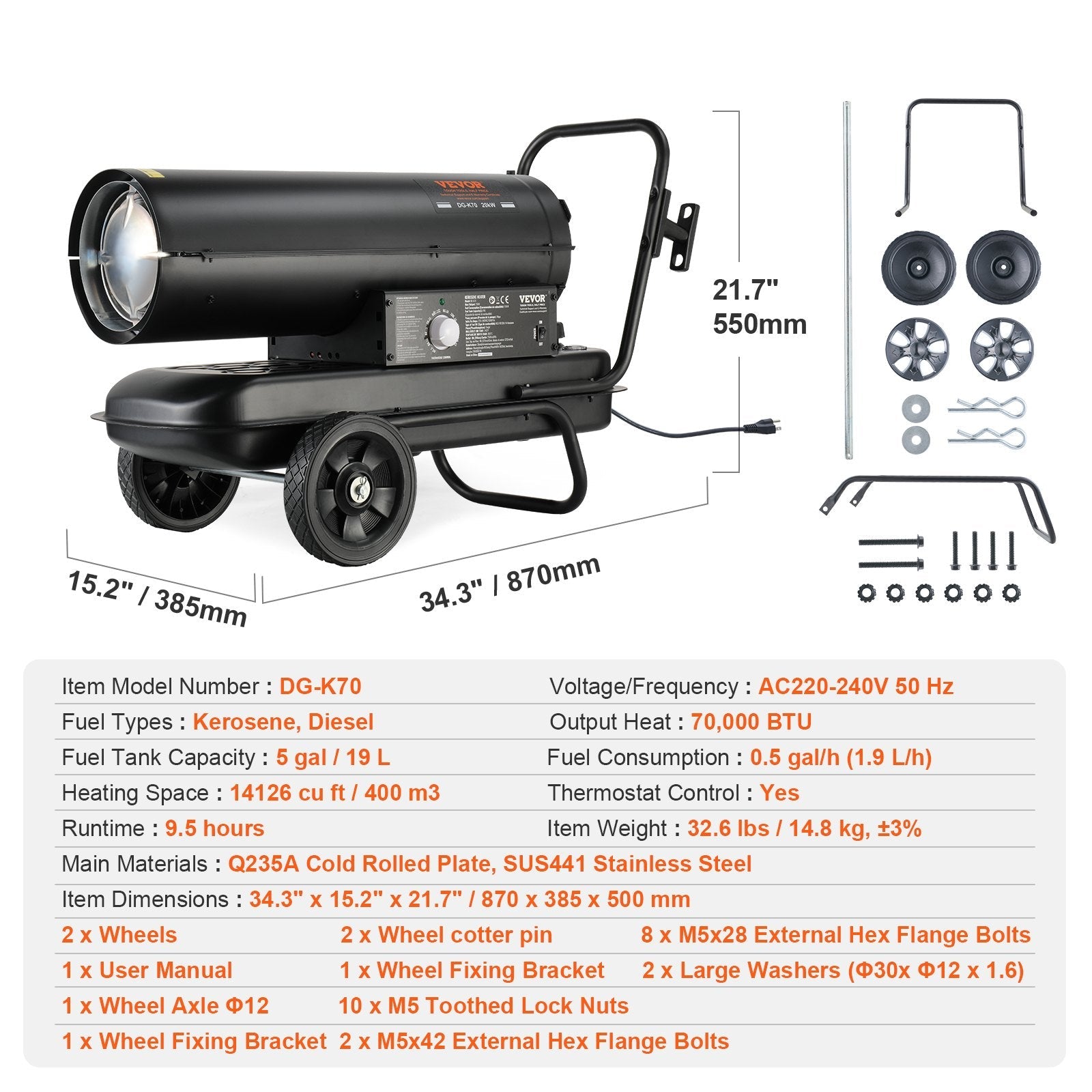 Vevor portable heater with specifications and dimensions on a white background