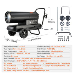 Vevor portable heater with specifications and dimensions on a white background