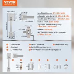Entry Door Handle, Satin Nickel Square Handle Set with Lever Door Handle No Lock, Adjustable Hole Space, Front Door Handle with Reversible for Right and Left Handed Entrance and Front Door