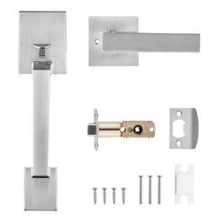 Entry Door Handle, Satin Nickel Square Handle Set with Lever Door Handle No Lock, Adjustable Hole Space, Front Door Handle with Reversible for Right and Left Handed Entrance and Front Door