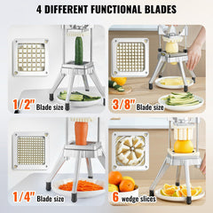 Commercial Vegetable Fruit Chopper, Stainless Steel French Fry Cutter with 4 Blades 1/4" 3/8" 1/2", 6-wedge Slicer, Chopper Dicer with Tray, Heavy Duty Cutter for Potato Tomato Onion Mushroom