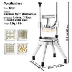 Commercial Vegetable Fruit Chopper, Stainless Steel French Fry Cutter with 4 Blades 1/4" 3/8" 1/2", 6-wedge Slicer, Chopper Dicer with Tray, Heavy Duty Cutter for Potato Tomato Onion Mushroom