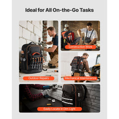Tool Backpack, 65 Pockets, Heavy-duty Tools Storage Organizer Work Bags with Laptop Compartment & Molded Base, Electrician Jobsite Backpack for Electrician, Repairman, and HVAC Techs