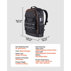 Tool Backpack, 65 Pockets, Heavy-duty Tools Storage Organizer Work Bags with Laptop Compartment & Molded Base, Electrician Jobsite Backpack for Electrician, Repairman, and HVAC Techs