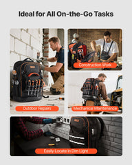 Tool Backpack, 65 Pockets, Heavy-duty Tools Storage Organizer Work Bags with Laptop Compartment & Molded Base, Electrician Jobsite Backpack for Electrician, Repairman, and HVAC Techs