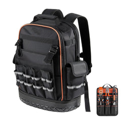 Tool Backpack, 64 Pockets, Heavy-duty Tools Storage Organizer Work Bags with Laptop Compartment & Molded Base, Electrician Jobsite Backpack for Electrician, Repairman, and HVAC Techs