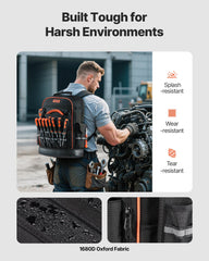 Tool Backpack, 64 Pockets, Heavy-duty Tools Storage Organizer Work Bags with Laptop Compartment & Molded Base, Electrician Jobsite Backpack for Electrician, Repairman, and HVAC Techs