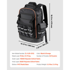 Tool Backpack, 64 Pockets, Heavy-duty Tools Storage Organizer Work Bags with Laptop Compartment & Molded Base, Electrician Jobsite Backpack for Electrician, Repairman, and HVAC Techs
