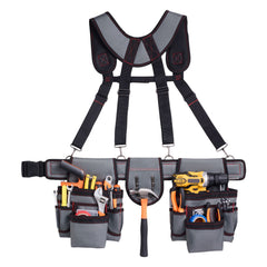 Tool Belt, 22 Pockets Tool Pouch with Suspenders for Men, Heavy Duty Adjustable Utility Belt Bag Suspenders for Electrician, Carpenter, Construction, Work Apron Organizer Waist Adjust 81-173 cm
