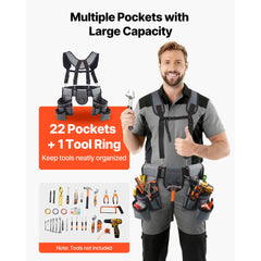 Tool Belt, 22 Pockets Tool Pouch with Suspenders for Men, Heavy Duty Adjustable Utility Belt Bag Suspenders for Electrician, Carpenter, Construction, Work Apron Organizer Waist Adjust 81-173 cm