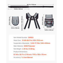 Tool Belt, 22 Pockets Tool Pouch with Suspenders for Men, Heavy Duty Adjustable Utility Belt Bag Suspenders for Electrician, Carpenter, Construction, Work Apron Organizer Waist Adjust 81-173 cm