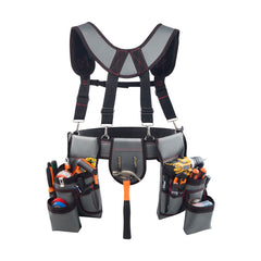Tool Belt, 22 Pockets Tool Pouch with Suspenders for Men, Heavy Duty Adjustable Utility Belt Bag Suspenders for Electrician, Carpenter, Construction, Work Apron Organizer Waist Adjust 81-173 cm