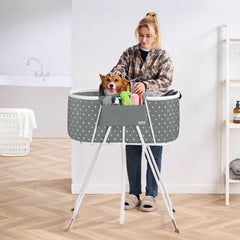 Portable Dog Bathtub, Elevated & Foldable Space-saving Pet Shower Station with Efficient Drainage, Bathing Tub for Washing & Grooming Small and Medium Size Dogs and Cats Indoor & Outdoor, Grey