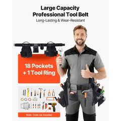 Tool Belt, 18 Pockets Professional Tool Pouch for Men, Heavy Duty Adjustable Utility Belt Detachable Work Bag for Electrician, Carpenter, Construction, Work Apron Organizer, Adjusts 80-131 cm