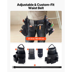Tool Belt, 18 Pockets Professional Tool Pouch for Men, Heavy Duty Adjustable Utility Belt Detachable Work Bag for Electrician, Carpenter, Construction, Work Apron Organizer, Adjusts 80-131 cm