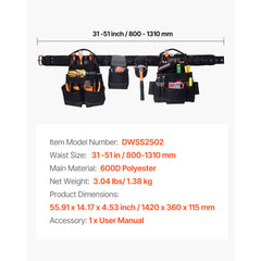 Tool Belt, 18 Pockets Professional Tool Pouch for Men, Heavy Duty Adjustable Utility Belt Detachable Work Bag for Electrician, Carpenter, Construction, Work Apron Organizer, Adjusts 80-131 cm
