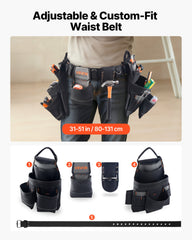 Tool Belt, 18 Pockets Professional Tool Pouch for Men, Heavy Duty Adjustable Utility Belt Detachable Work Bag for Electrician, Carpenter, Construction, Work Apron Organizer, Adjusts 80-131 cm