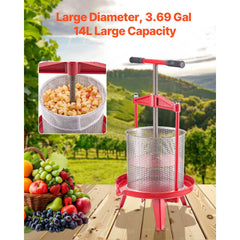 3.69 Gal/14L Fruit Wine Press, Stainless Steel Basket with Cross-beam and Triangular Structure, Manual Juice Maker, Cider Apple Grape Tincture Making Press with T-Handle for Kitchen Home