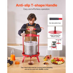 3.69 Gal/14L Fruit Wine Press, Stainless Steel Basket with Cross-beam and Triangular Structure, Manual Juice Maker, Cider Apple Grape Tincture Making Press with T-Handle for Kitchen Home