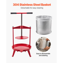 3.69 Gal/14L Fruit Wine Press, Stainless Steel Basket with Cross-beam and Triangular Structure, Manual Juice Maker, Cider Apple Grape Tincture Making Press with T-Handle for Kitchen Home