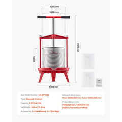 3.69 Gal/14L Fruit Wine Press, Stainless Steel Basket with Cross-beam and Triangular Structure, Manual Juice Maker, Cider Apple Grape Tincture Making Press with T-Handle for Kitchen Home