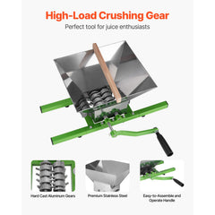 1.8 Gal/7L Fruit and Apple Crusher, Large Manual Grinder, Stainless Steel Fruit Scratter Pulper for Wine Cider Apple Grape Pressing, with Roller Handle for Kitchen Home, Green