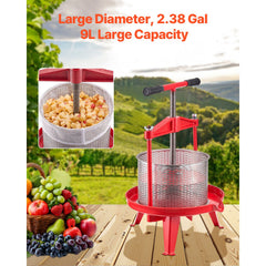 2.38 Gal/9L Fruit Wine Press, Stainless Steel Basket with Cross-beam and Triangular Structure, Manual Juice Maker, Cider Apple Grape Tincture Making Press with T-Handle for Kitchen Home