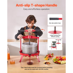 2.38 Gal/9L Fruit Wine Press, Stainless Steel Basket with Cross-beam and Triangular Structure, Manual Juice Maker, Cider Apple Grape Tincture Making Press with T-Handle for Kitchen Home