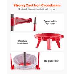 2.38 Gal/9L Fruit Wine Press, Stainless Steel Basket with Cross-beam and Triangular Structure, Manual Juice Maker, Cider Apple Grape Tincture Making Press with T-Handle for Kitchen Home