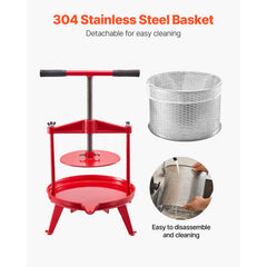 2.38 Gal/9L Fruit Wine Press, Stainless Steel Basket with Cross-beam and Triangular Structure, Manual Juice Maker, Cider Apple Grape Tincture Making Press with T-Handle for Kitchen Home
