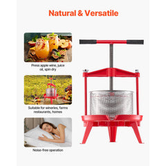 2.38 Gal/9L Fruit Wine Press, Stainless Steel Basket with Cross-beam and Triangular Structure, Manual Juice Maker, Cider Apple Grape Tincture Making Press with T-Handle for Kitchen Home