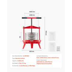 2.38 Gal/9L Fruit Wine Press, Stainless Steel Basket with Cross-beam and Triangular Structure, Manual Juice Maker, Cider Apple Grape Tincture Making Press with T-Handle for Kitchen Home