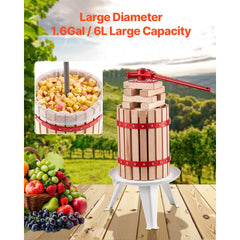 1.6 Gal/6L Fruit Wine Press, Solid Wood Basket with 8 Blocks, Heavy Duty Manual Juice Maker, Cider Apple Grape Tincture Honey Olive Oil Making Press with Handle for Kitchen, Home