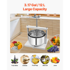 3.17 Gal/12L Fruit Wine Press, 2 Stainless Steel Barrels, Manual Juice Maker, Cider Apple Grape Tincture Honey Olive Oil Making Press with Triangular Handle for Outdoor Kitchen Home