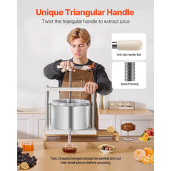 3.17 Gal/12L Fruit Wine Press, 2 Stainless Steel Barrels, Manual Juice Maker, Cider Apple Grape Tincture Honey Olive Oil Making Press with Triangular Handle for Outdoor Kitchen Home