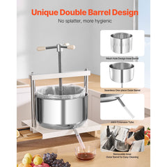 3.17 Gal/12L Fruit Wine Press, 2 Stainless Steel Barrels, Manual Juice Maker, Cider Apple Grape Tincture Honey Olive Oil Making Press with Triangular Handle for Outdoor Kitchen Home