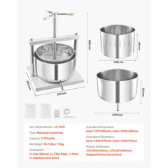 3.17 Gal/12L Fruit Wine Press, 2 Stainless Steel Barrels, Manual Juice Maker, Cider Apple Grape Tincture Honey Olive Oil Making Press with Triangular Handle for Outdoor Kitchen Home