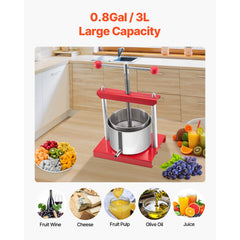 0.8 Gal/3L Fruit Wine Press, 2 Stainless Steel Barrels, Manual Juice Maker, Cider Apple Grape Tincture Honey Olive Oil Making Press with T-Handle for Outdoor Kitchen Home