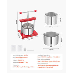0.8 Gal/3L Fruit Wine Press, 2 Stainless Steel Barrels, Manual Juice Maker, Cider Apple Grape Tincture Honey Olive Oil Making Press with T-Handle for Outdoor Kitchen Home