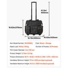 Rolling Tool Bag, 110 lbs Load Capacity, 25 Pockets Heavy Duty Roller Tool Bag with Adjustable Telescoping Handle & Stable Base, Toolbag Organizers with Wheels for Electrician, Construction