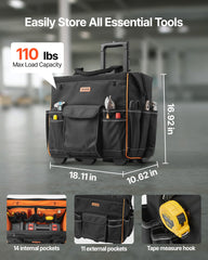 Rolling Tool Bag, 110 lbs Load Capacity, 25 Pockets Heavy Duty Roller Tool Bag with Adjustable Telescoping Handle & Stable Base, Toolbag Organizers with Wheels for Electrician, Construction