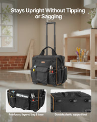 Rolling Tool Bag, 110 lbs Load Capacity, 25 Pockets Heavy Duty Roller Tool Bag with Adjustable Telescoping Handle & Stable Base, Toolbag Organizers with Wheels for Electrician, Construction