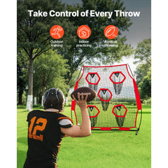 1828.8x1828.8mm Football Trainer Throwing Net, Training Throwing Target Practice Net with 5 Target Pockets, Knotless Net Includes Straps and Portable Carry Case, Improve QB Throwing Accuracy,Red